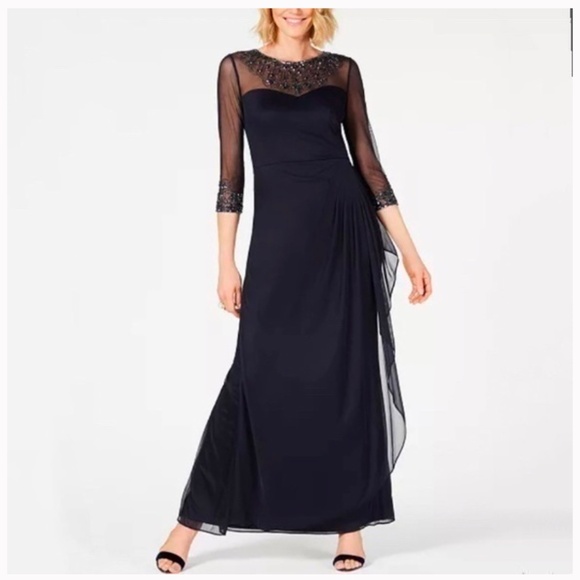 Alex Evenings Illusion Embellished 3/4 Sleeve Ruched A-Line Gown in Dark Navy - Picture 1 of 9